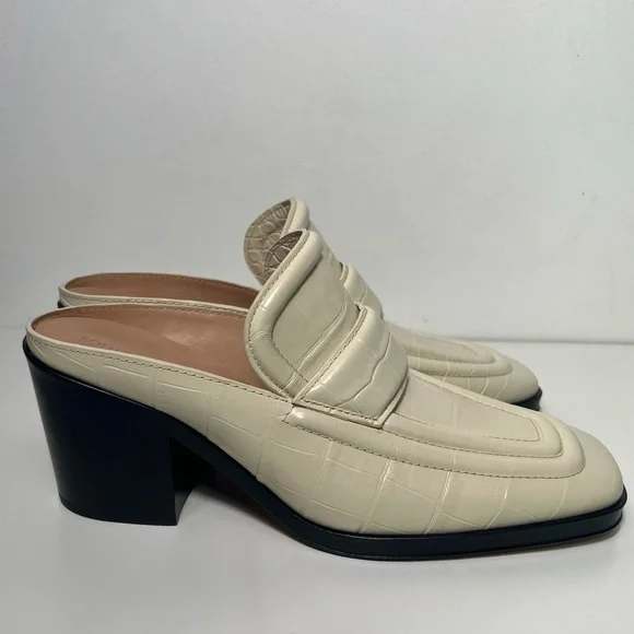 Bottega Veneta Croc Embossed Square Toe Slip On Loafer Mules Heels